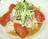 pork and tomato  pasta with soybean sauce